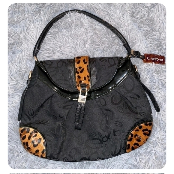 bebe Handbags - Bebe Black Animal Print Details Faux Fur Studded Shoulder Bag Hand Bag